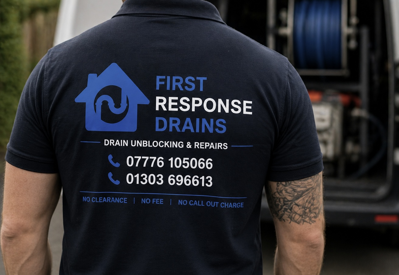 First Response Drains drainage engineer in a branded navy polo shirt showing the company logo, phone numbers 07776 105066 and 01303 696613, and the no clearance, no fee, no call-out charge promise — drain unblocking and repairs across Kent
