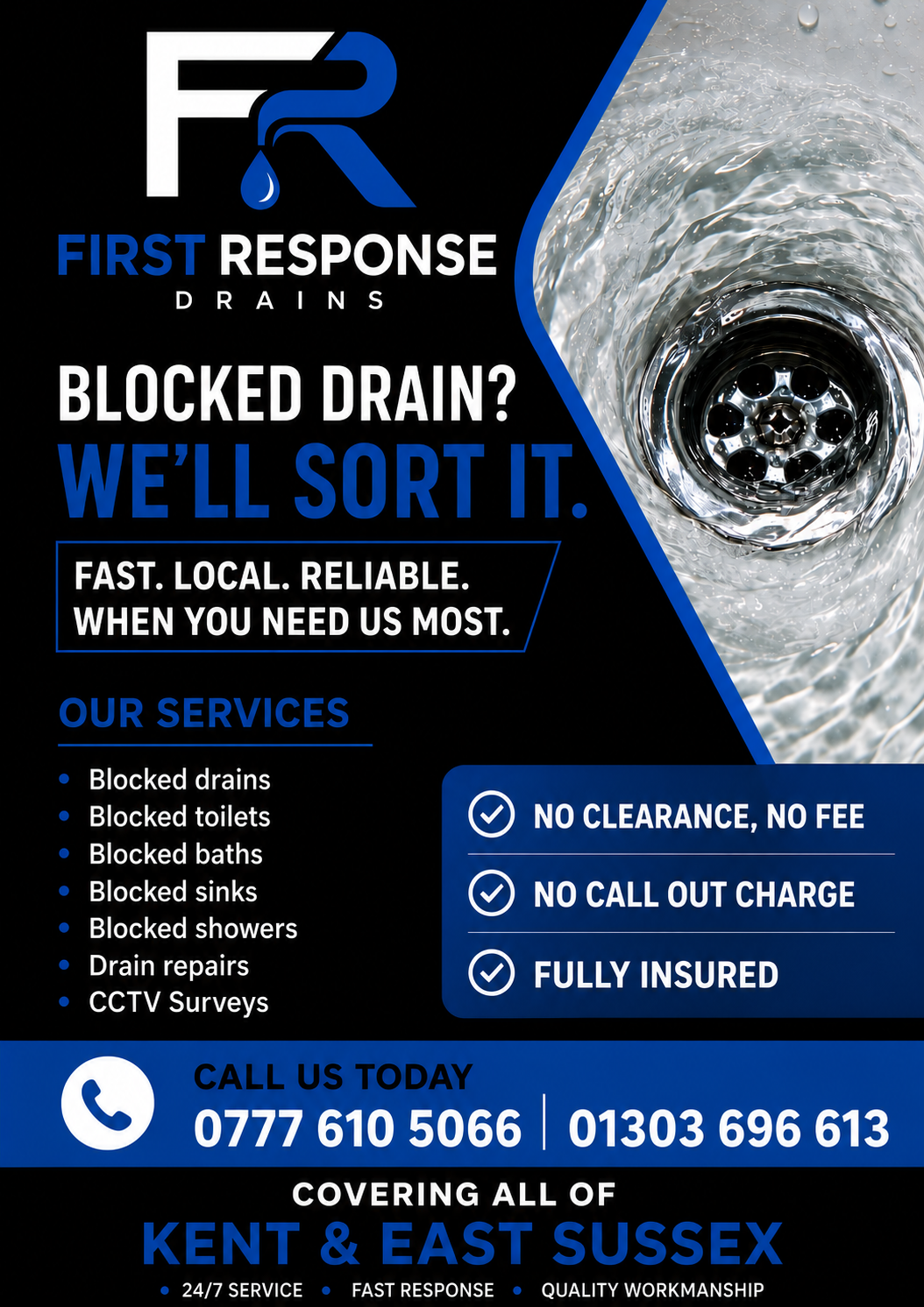 First Response Drains blocked drain and drain repair service across Kent and East Sussex, with 24/7 service, no clearance no fee and no call-out charge